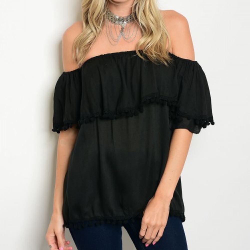 GIRLY & FLIRTY OFF SHOULDER TASSEL TOP